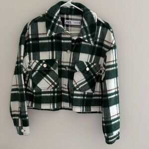 Zara Women's Green and White Plaid Utility Jacket